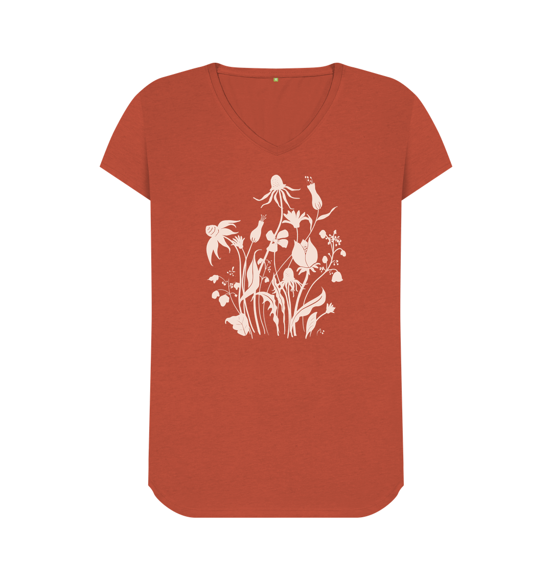 Rust Wildflowers - Women\u2019s Organic V-Neck Tee